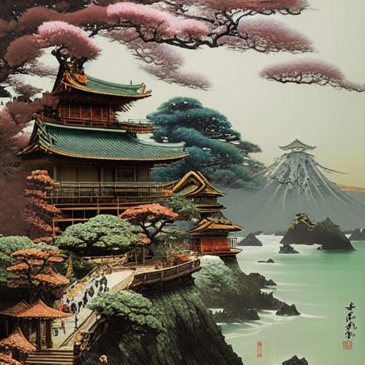 Cliffside Temple in Japanese Art Style