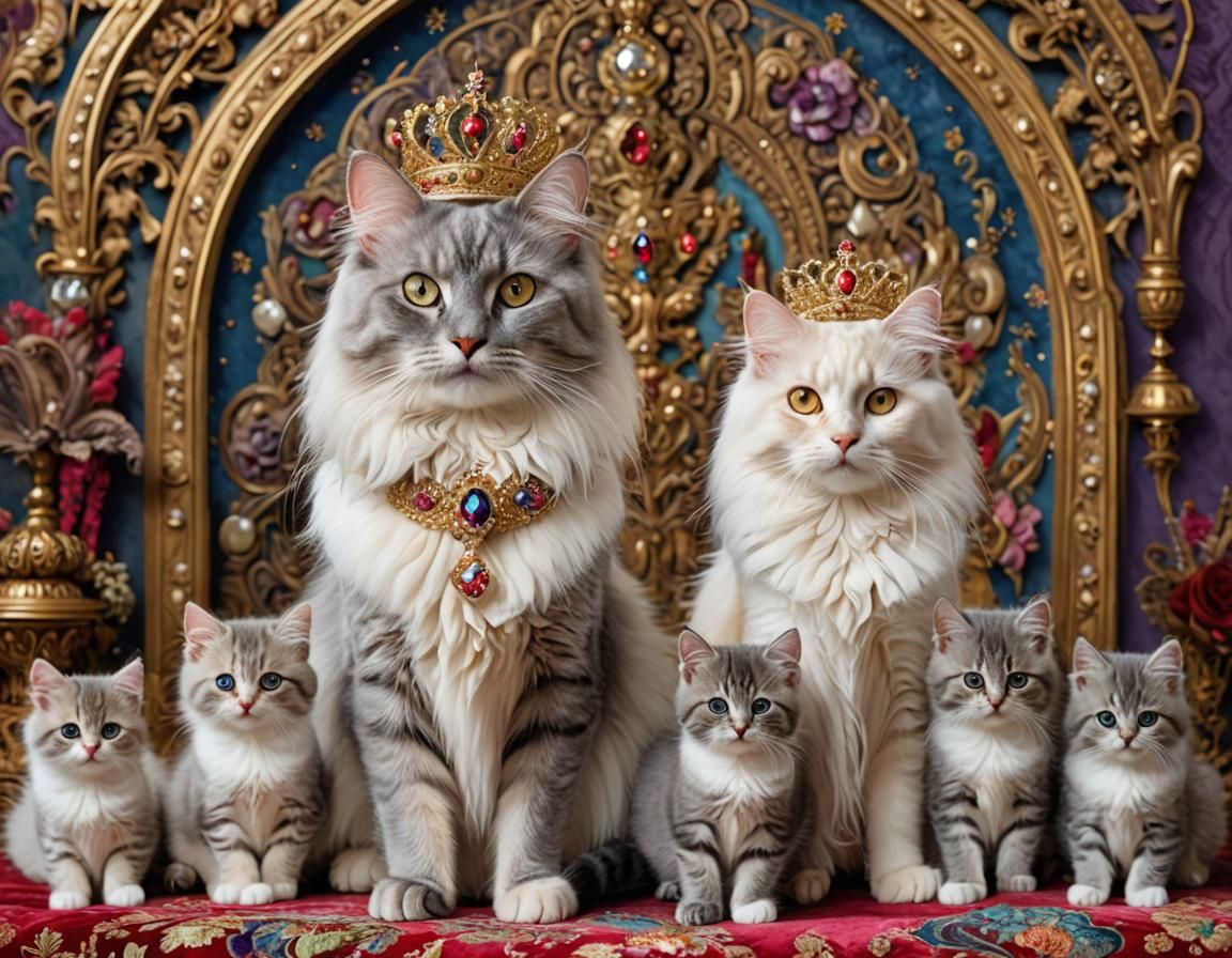 Royal Cat Family Portrait with Tiaras
