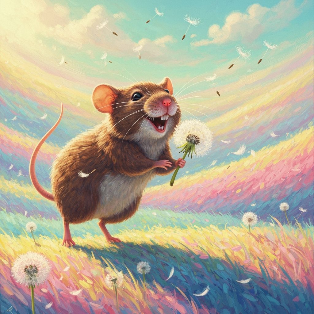 Whimsical Mouse in Pastel Field Blowing Dandelion Petals