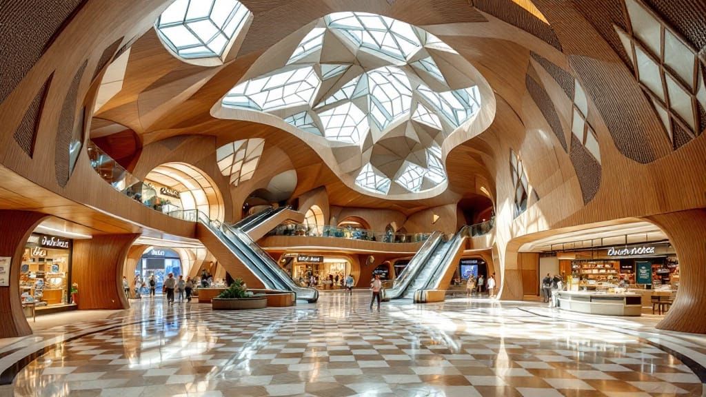 Expansive Modern Interior with Geometric Wooden Facades