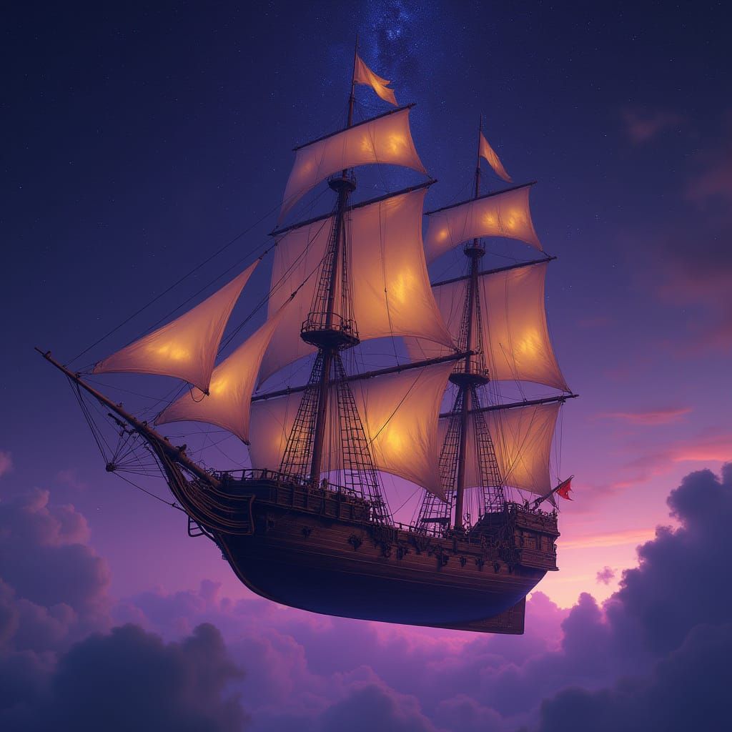 Celestial Galleon Sailing Starry Skies: Dark Fantasy Art