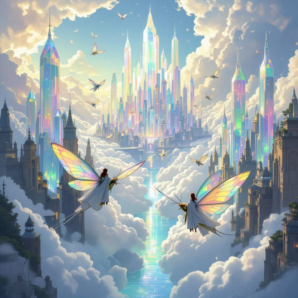 Crystal Metropolis Above Clouds in Miyazaki Style