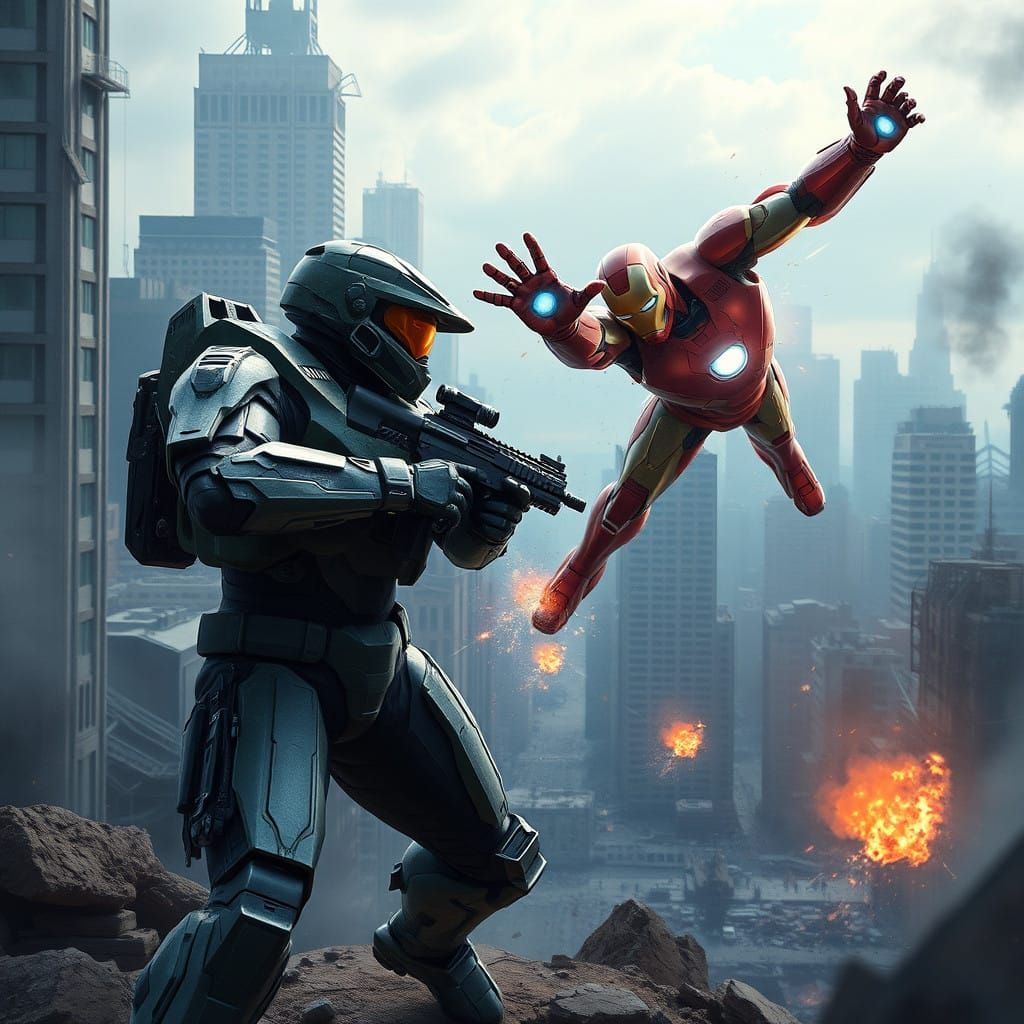 Epic Showdown: Master Chief vs Iron Man in Dystopian Citysca...