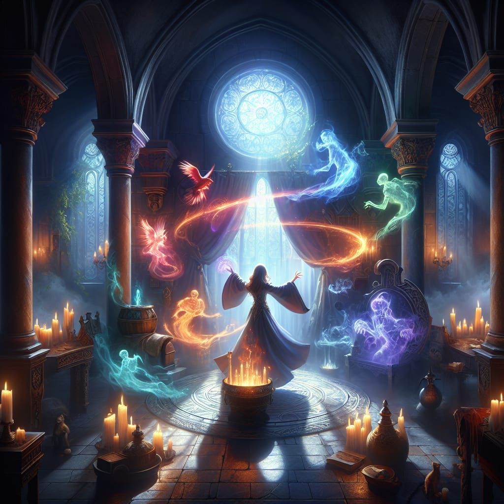Sorceress Conjuring Spirits in Moonlit Chamber