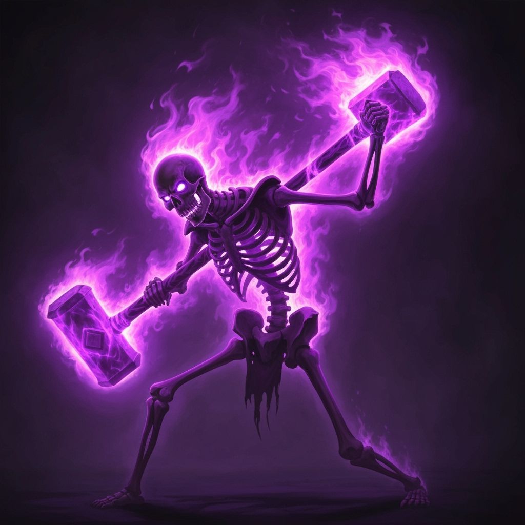 Skeleton Warrior Wielding Fiery Purple Hammer in Swirling Fl...
