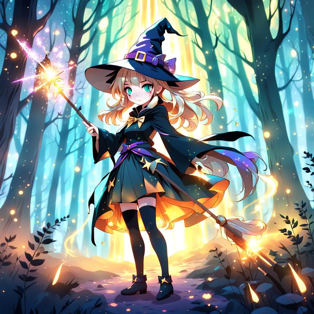 Cute Witch Girl in a Vibrant Mystical Forest