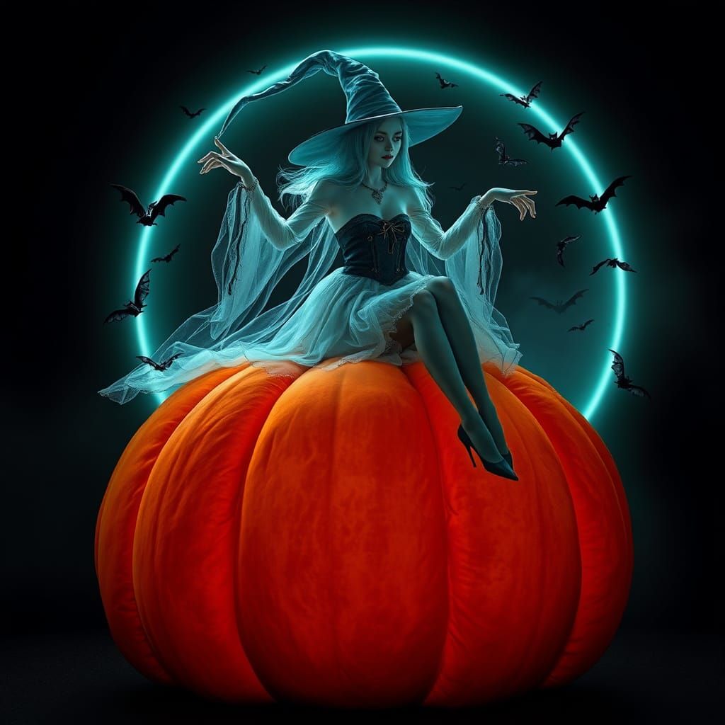 Ethereal Witch Orchestrates Bats on Pumpkin Ottoman