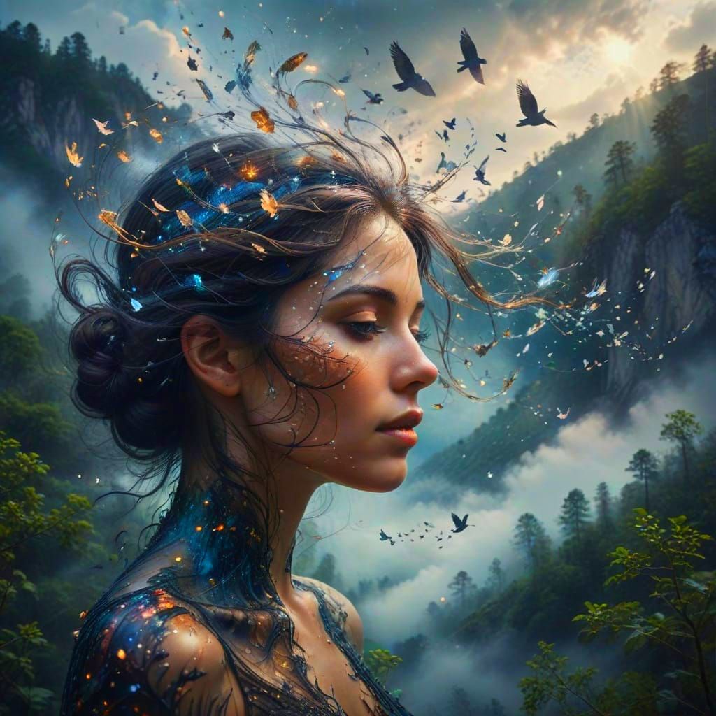 Surreal Double Exposure of a Figure Merging with the Cosmos