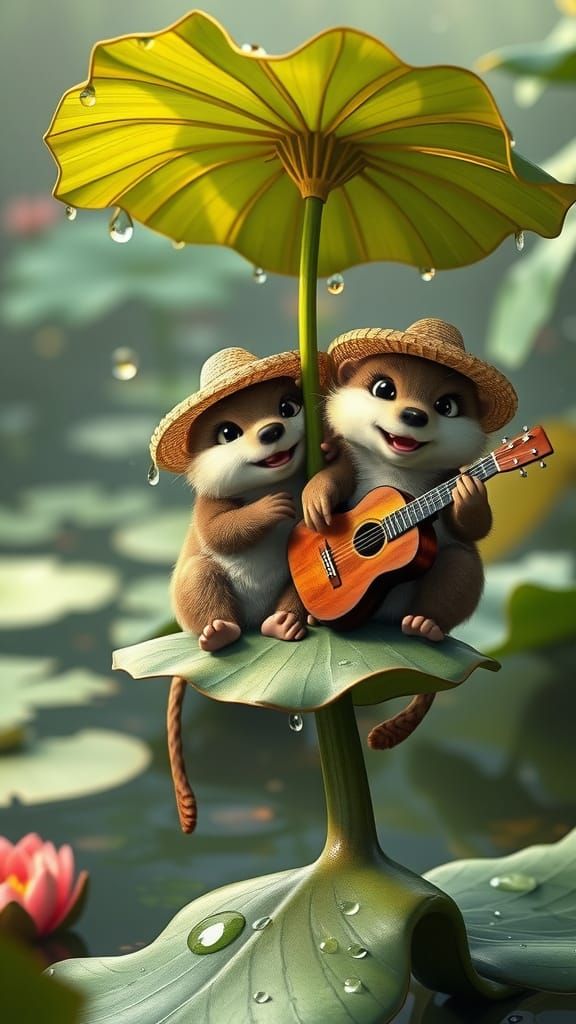 Pixar-Style Marmots in Jungle with Lotus Leaf