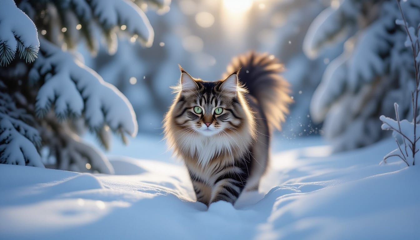 Norwegian Forest Cat Playing in Snowy Forest