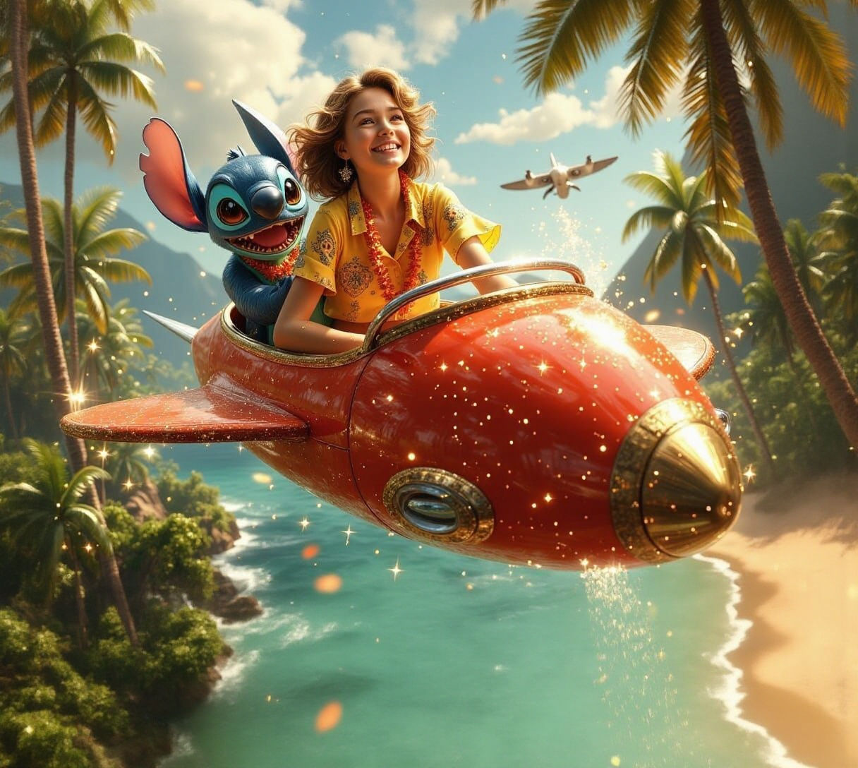 Woman Flying with Alien Over Hawaiian Dreamland