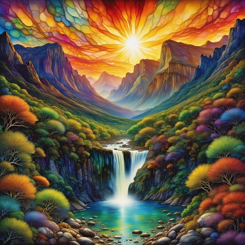 Photorealistic Ancient Parchment With Sunset Waterfall