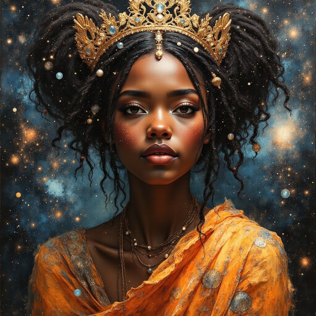 African Cosmic Queen in Divine Oil Painting Style
