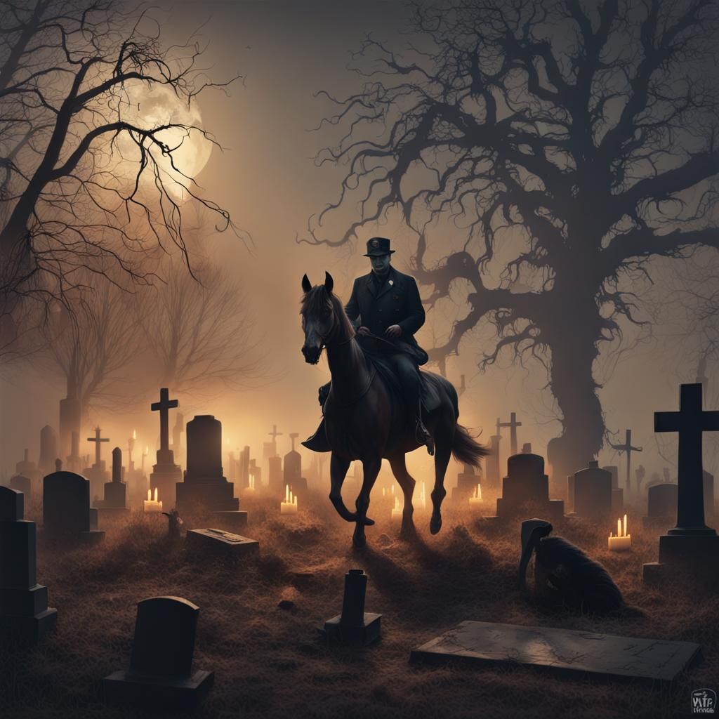 Spooky Graveyard Scene with Horse and Zombies