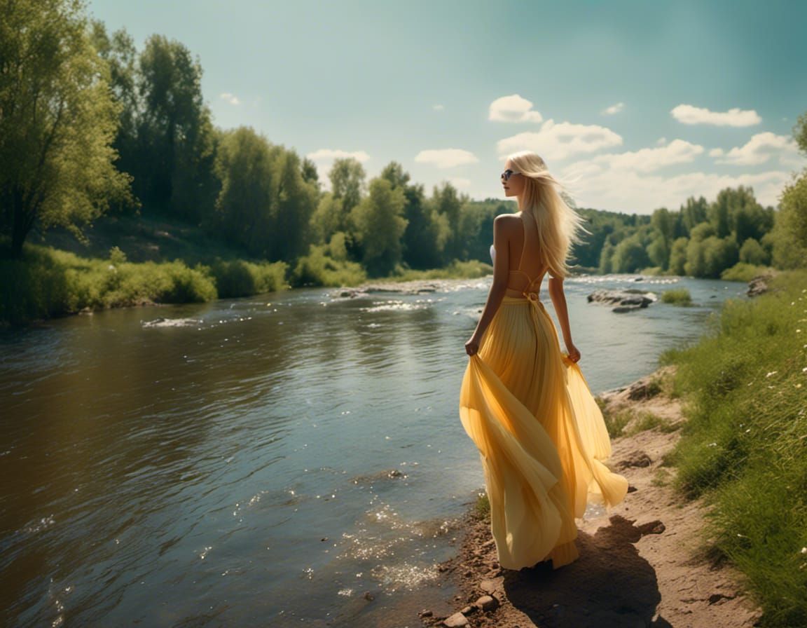 Blonde Swedish Girl Walking by River: AI Portrait