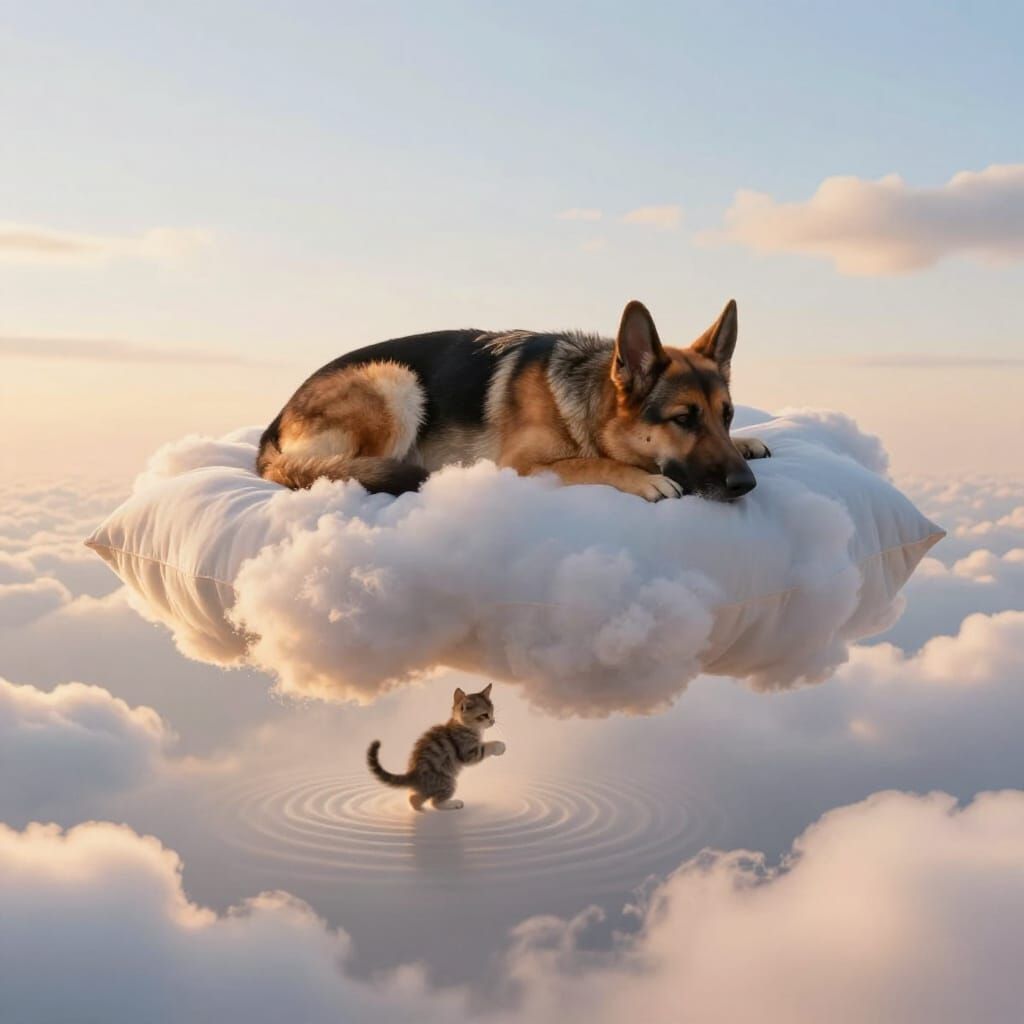 Dreamy German Shepherd and Kitten on Cloud Pillows