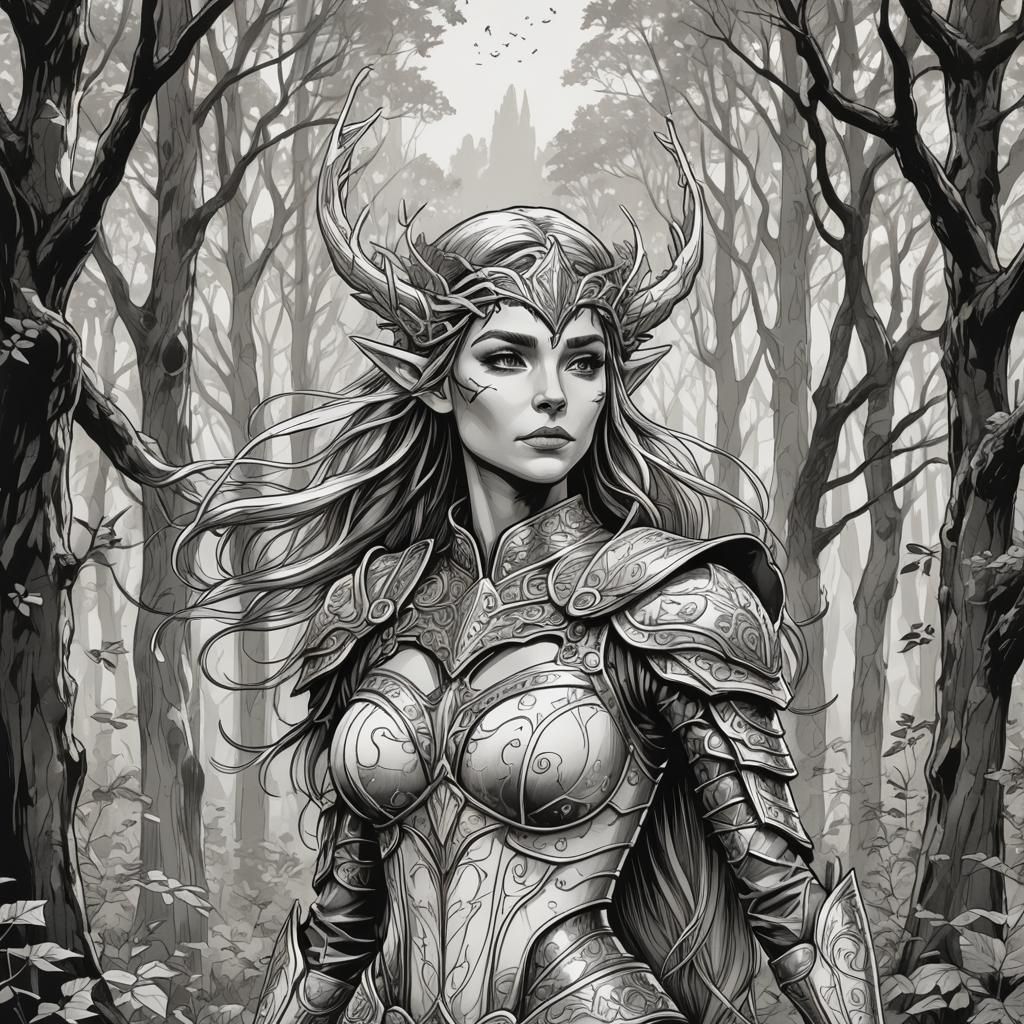 Elf Warrior Woman in Forest: Ink Illustration