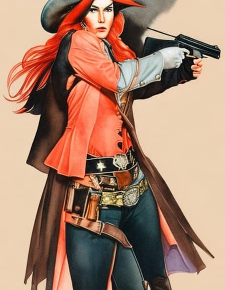 Cowgirl Gunslinger Aims Pistol in Watercolor Pastel