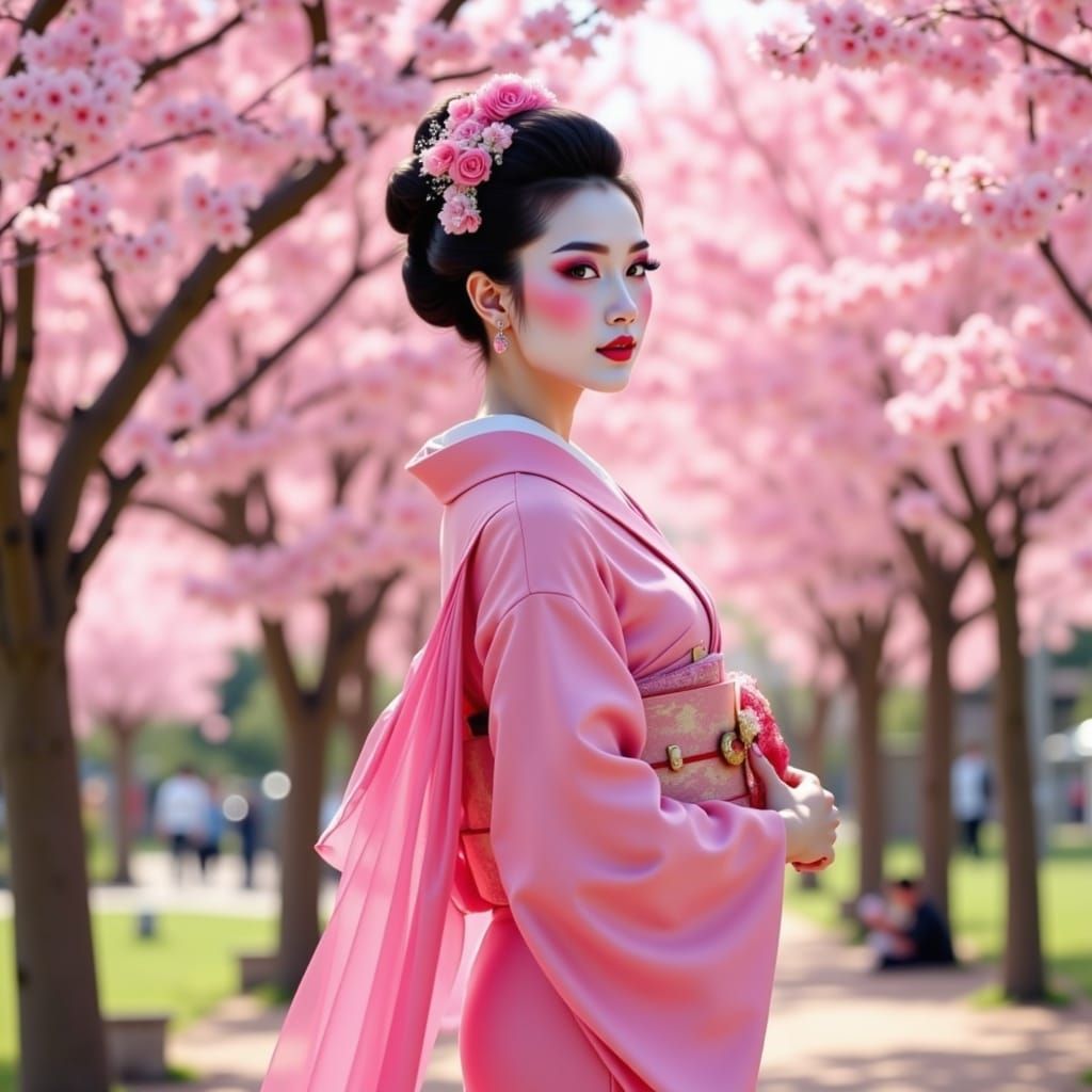 Elegant Geisha in Cherry Blossom Paradise