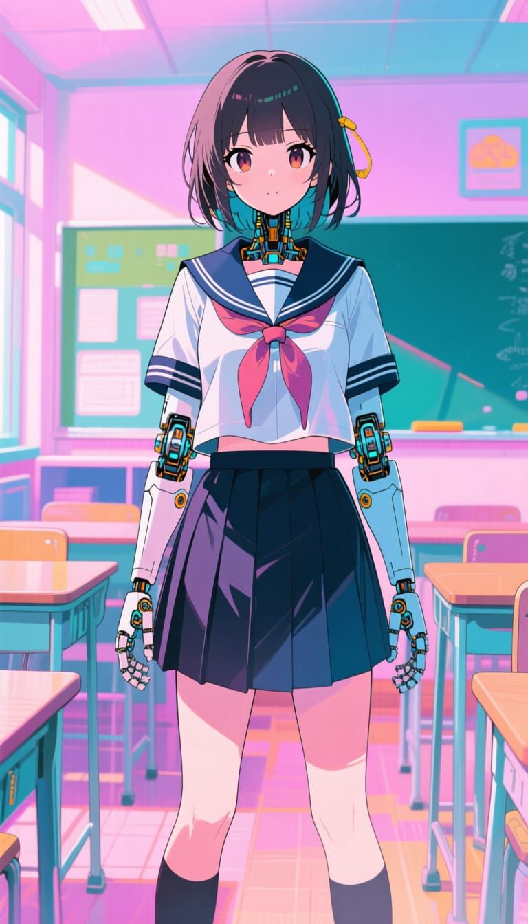 Automaton Girl in Sailor Uniform, Vibrant Anime Art