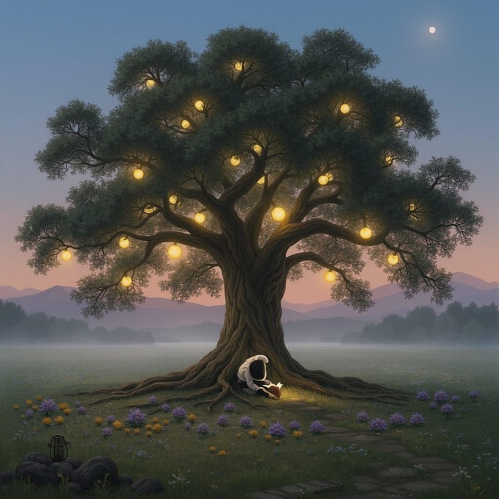 Moonlit Garden Reading Scene in Magical Realism Style