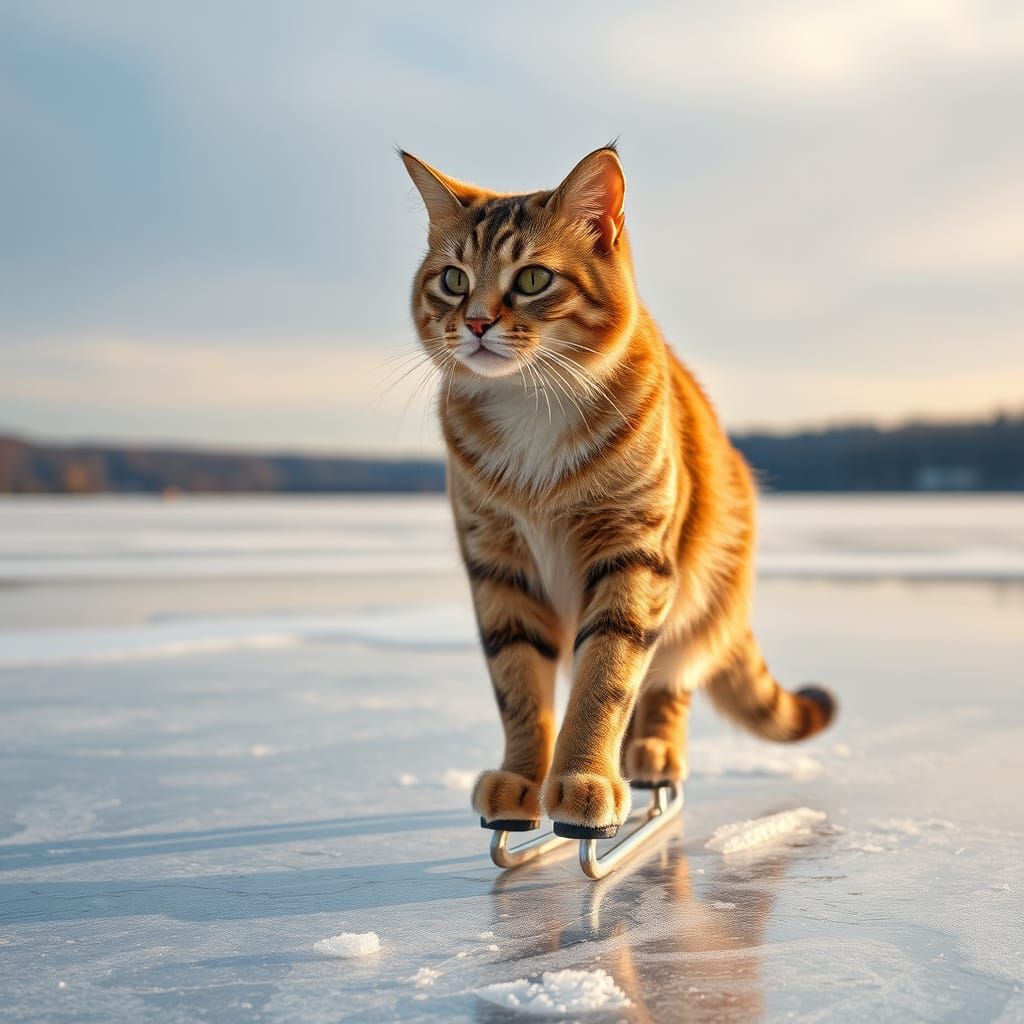 Hyperrealistic Cat Skating on Icy Lake