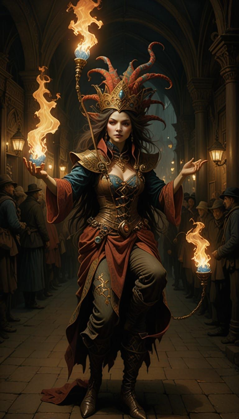 Fantasy Harlequin Jester Juggles Flaming Poi in Whimsical Ma...