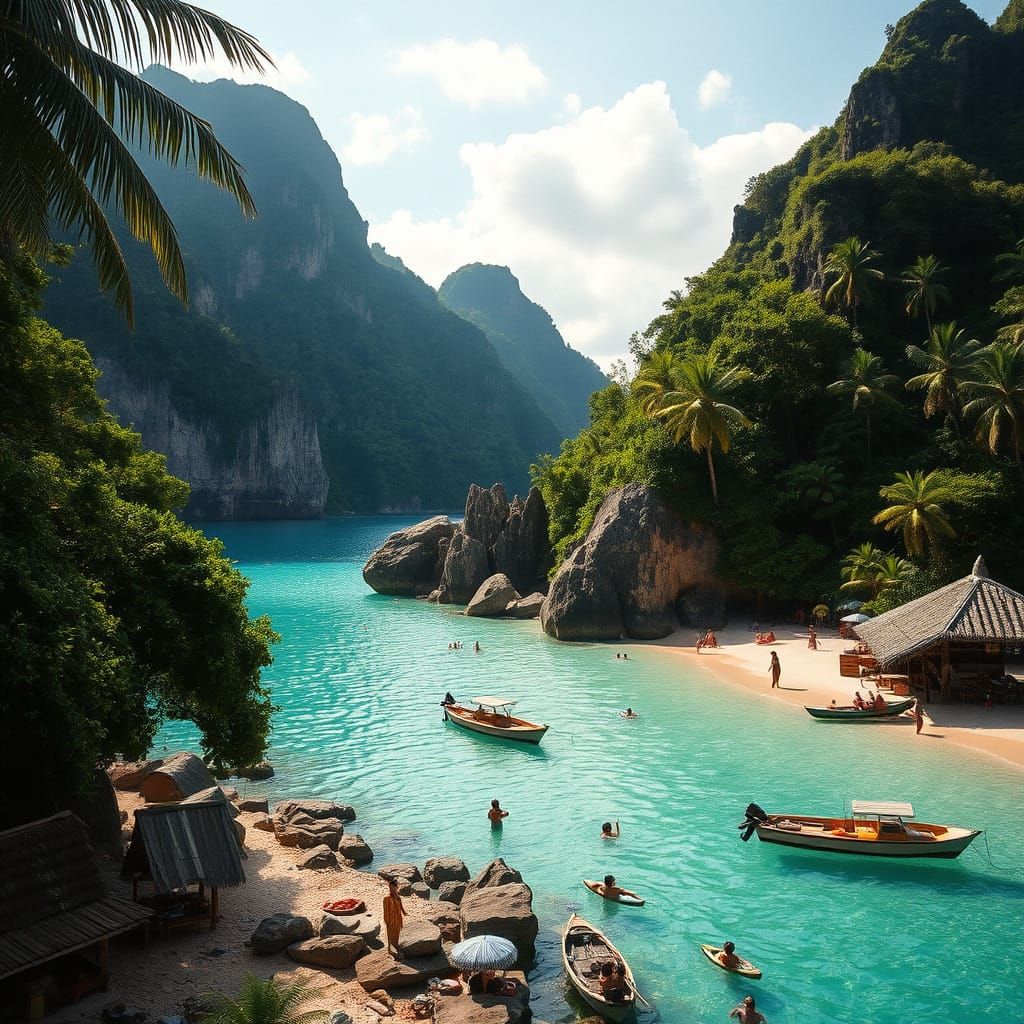 Tropical Beach Paradise in Cinematic Film Style