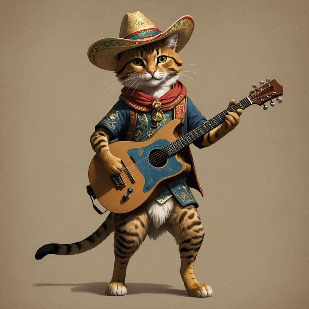 Humanoid Cat Playing Guitar, Digital Rendering