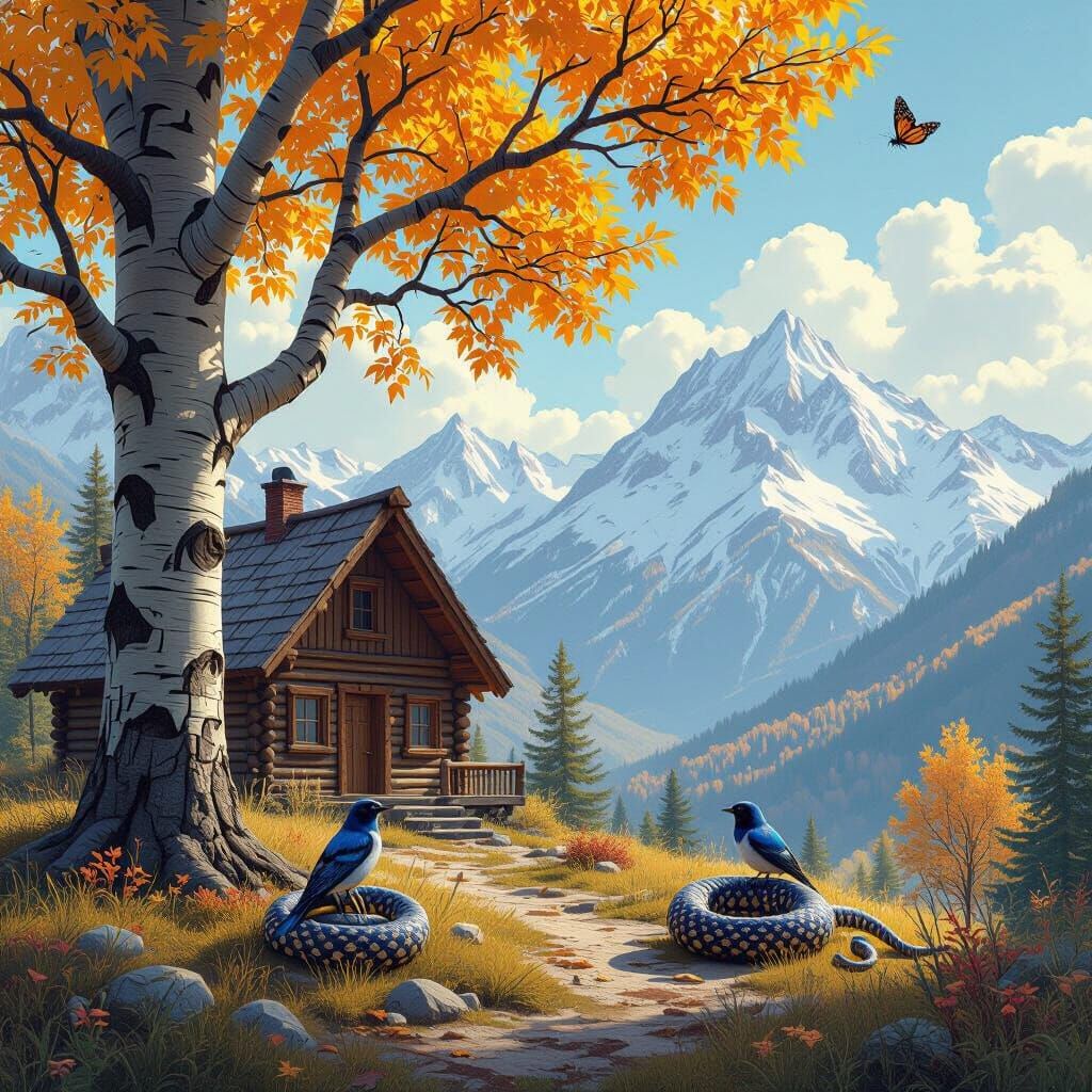 Snowy Mountain Loghouse with Wildlife in Detailed Matte Pain...