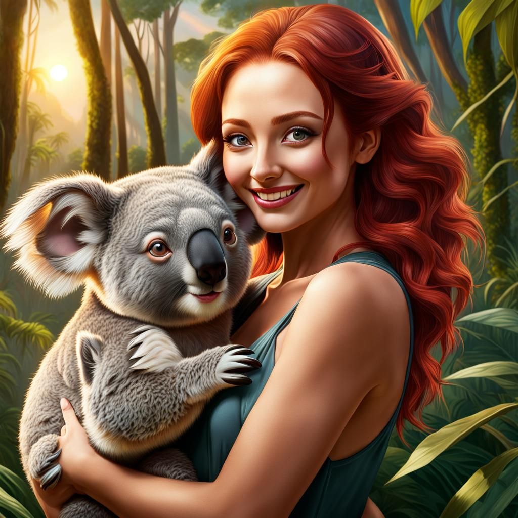 Redhead Woman Hugging Koala in Jungle Sunset
