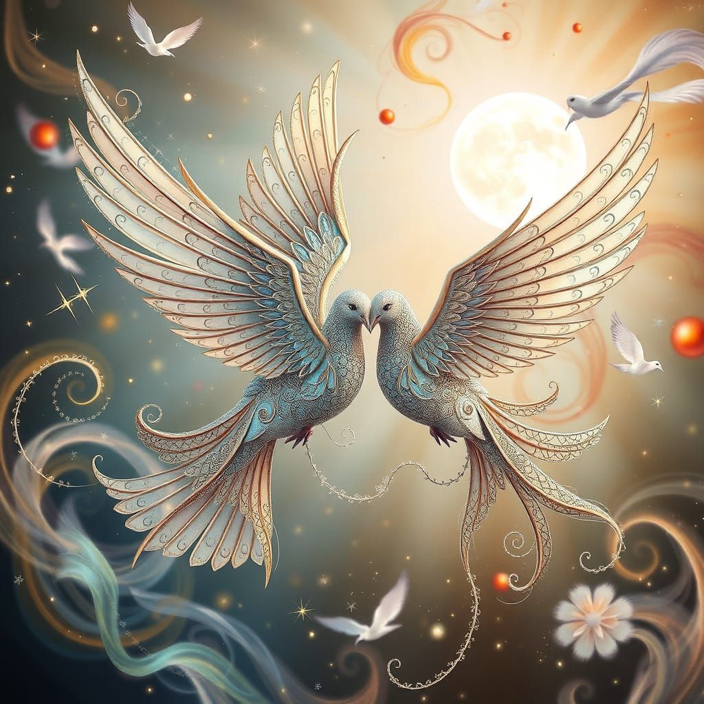 Fantasy Crystal Doves in Ethereal Dreamscape
