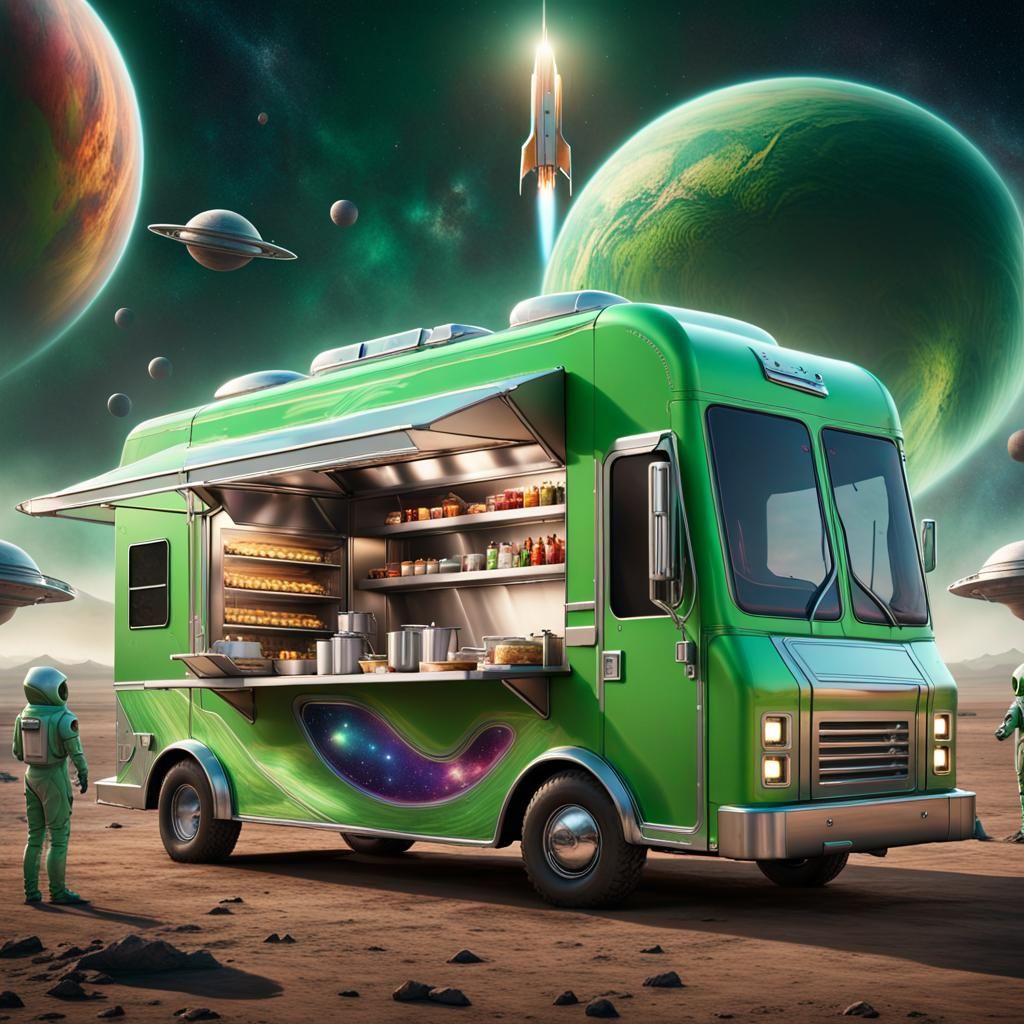 futuristic food truck turned into a sleek and stylish space vehicle.