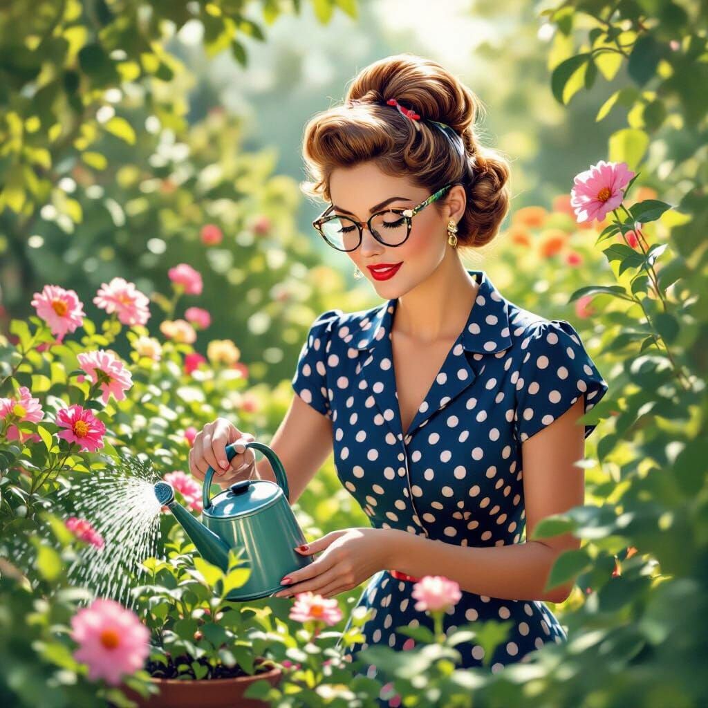 1950s Woman Gardening in Warm Pastel Illustration