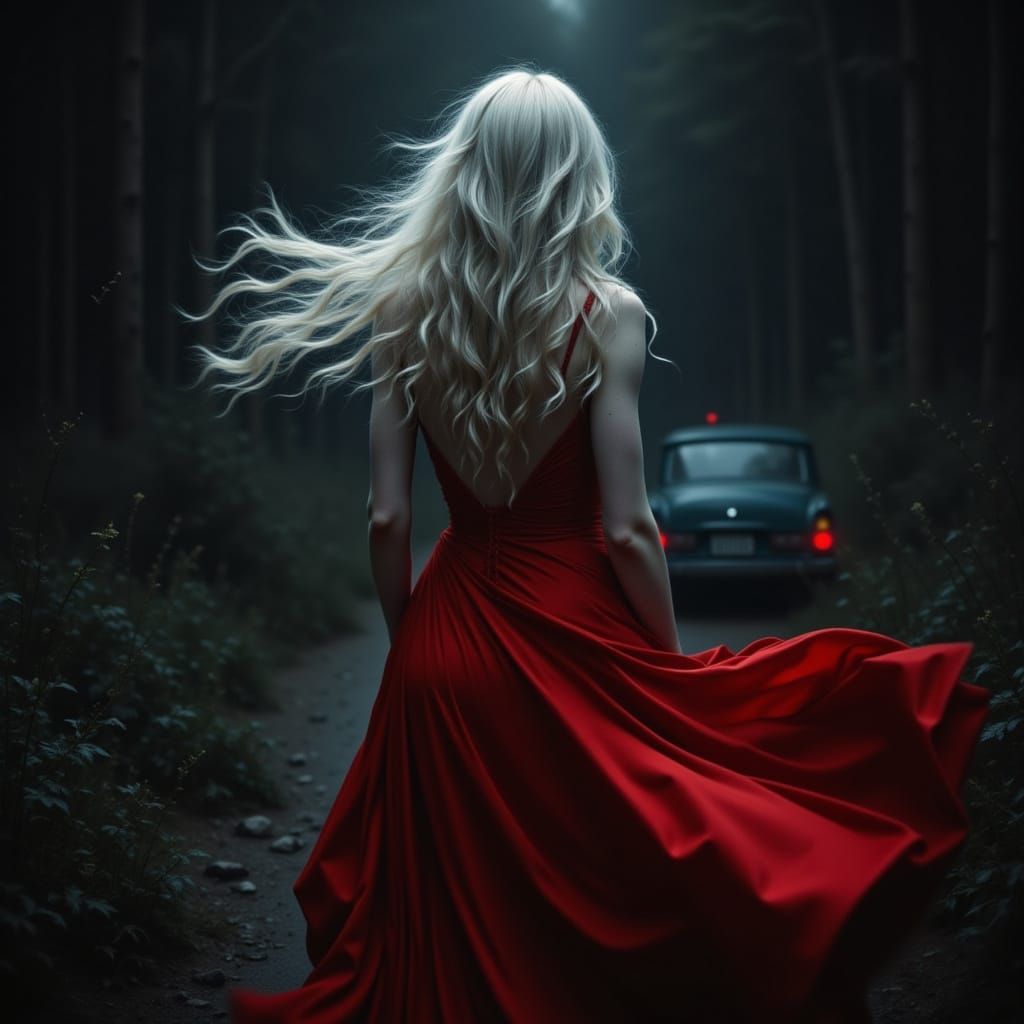 Ethereal Woman in Red Dress on Chilly Night