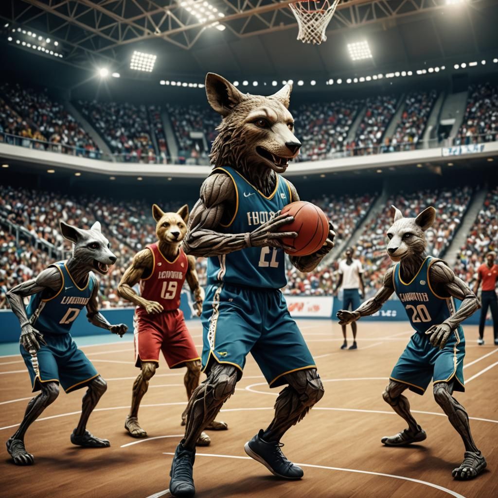 Humanoid Animals Play Basketball in Olympic Stadium