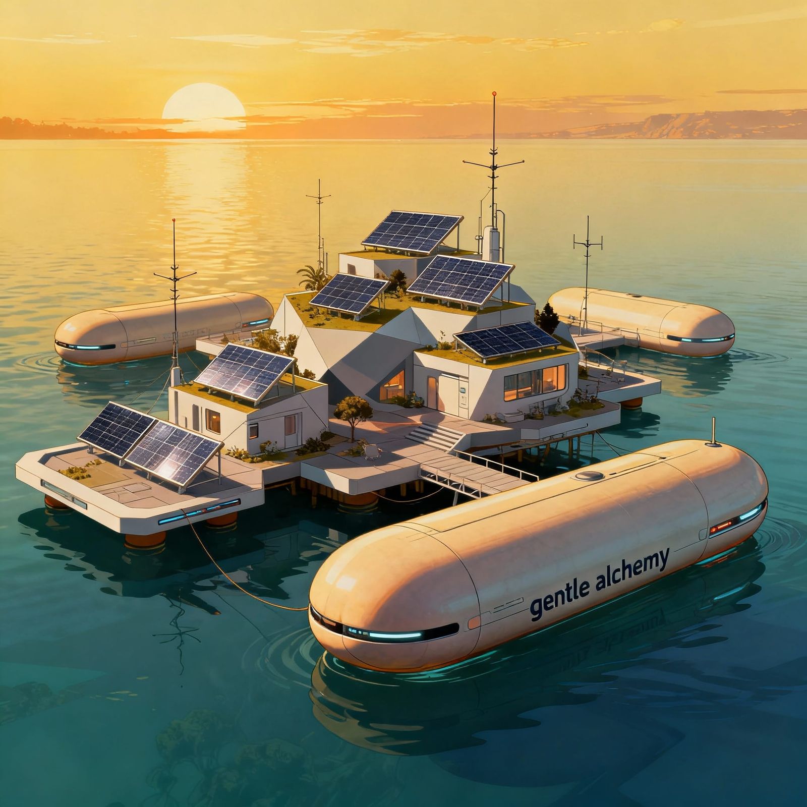 Futuristic Floating Village in Golden Sunset Light