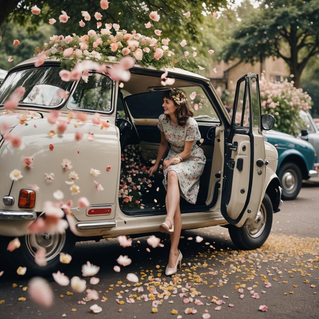 Mini Austin Car Filled with Flower Petals, 1960s Photo