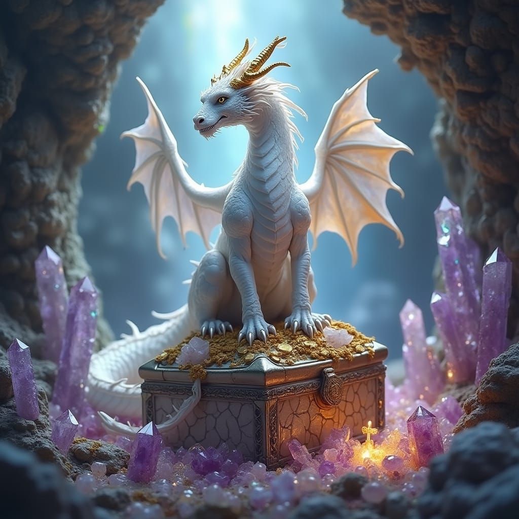 Luminous White Dragon in Crystal Cave, Digital Art