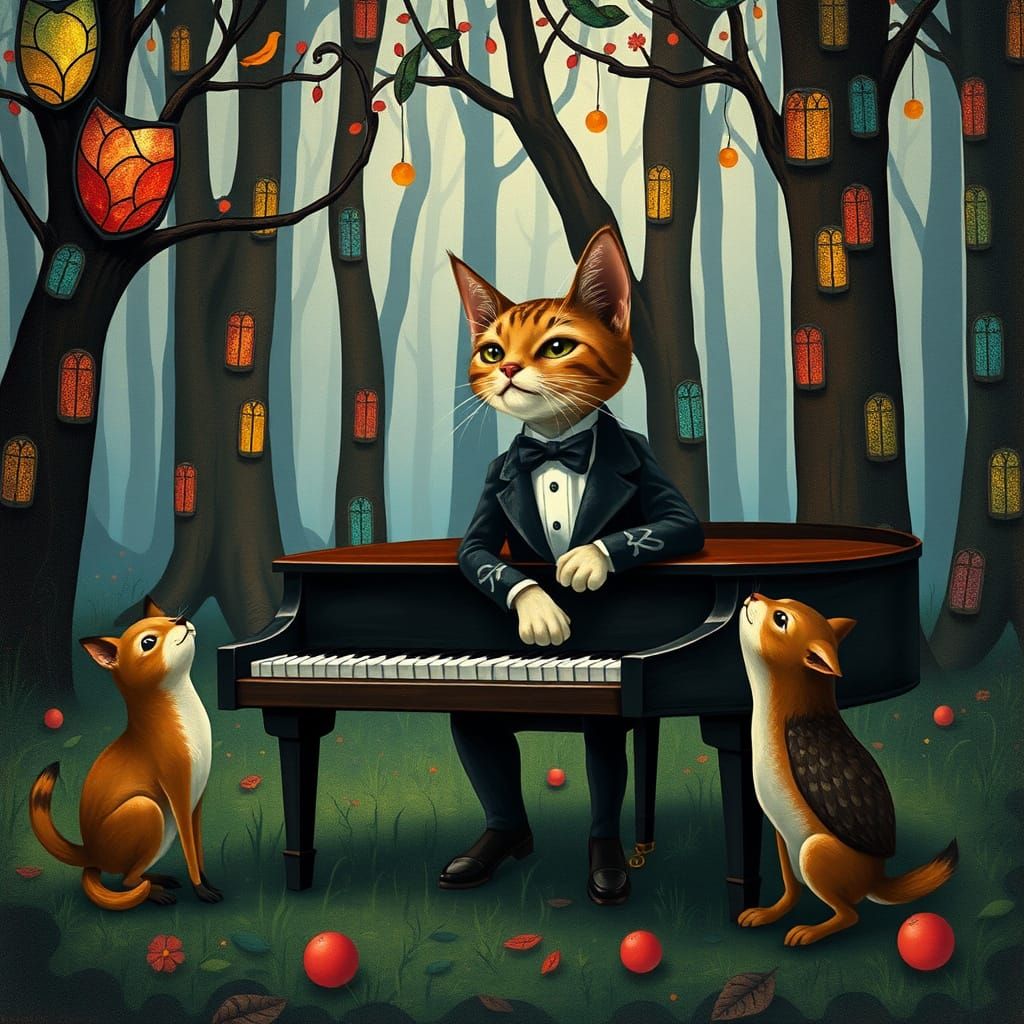Cat in Tuxedo Plays Piano in Stained Glass Forest
