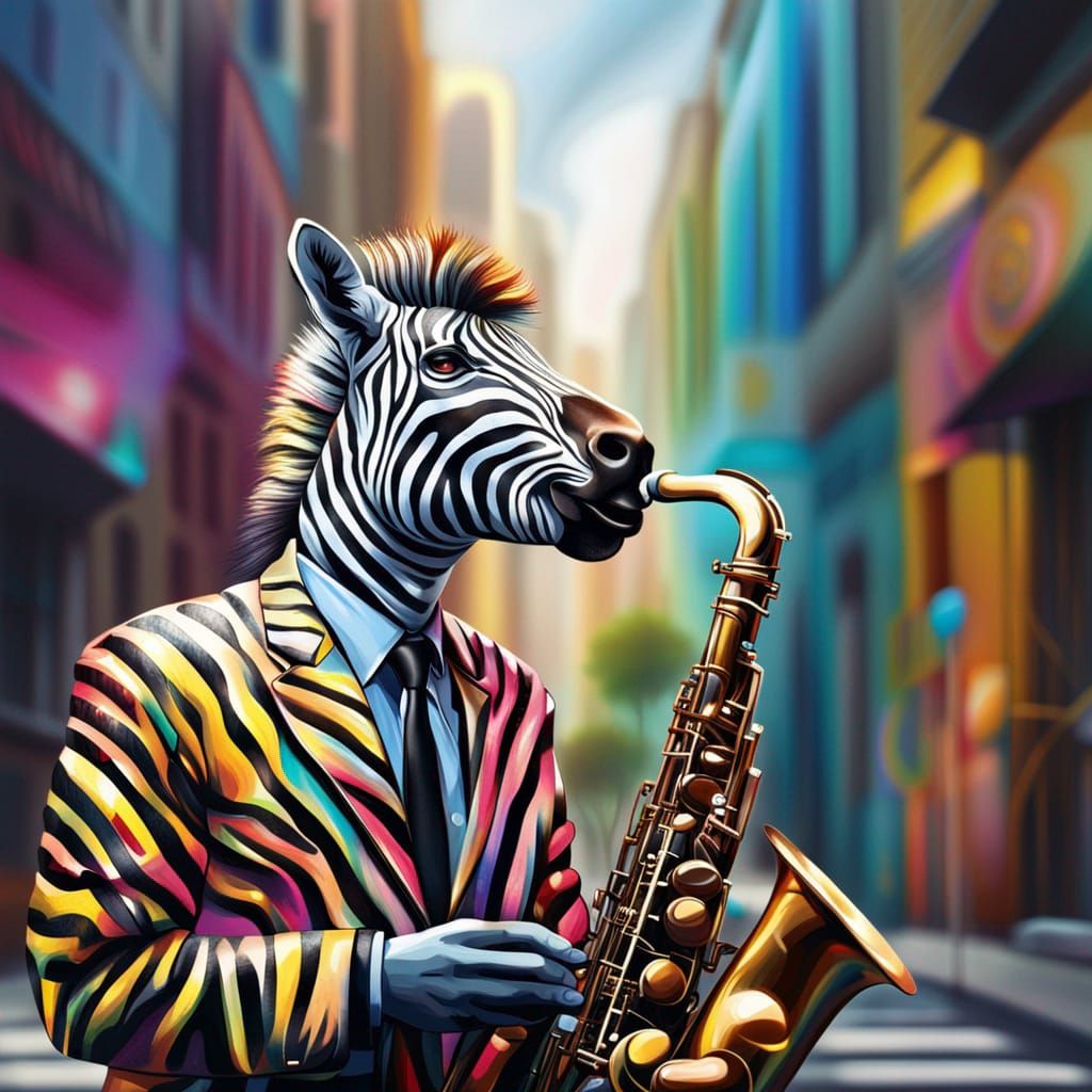 Hyperrealistic Zebra Saxophonist in City, Splash Art