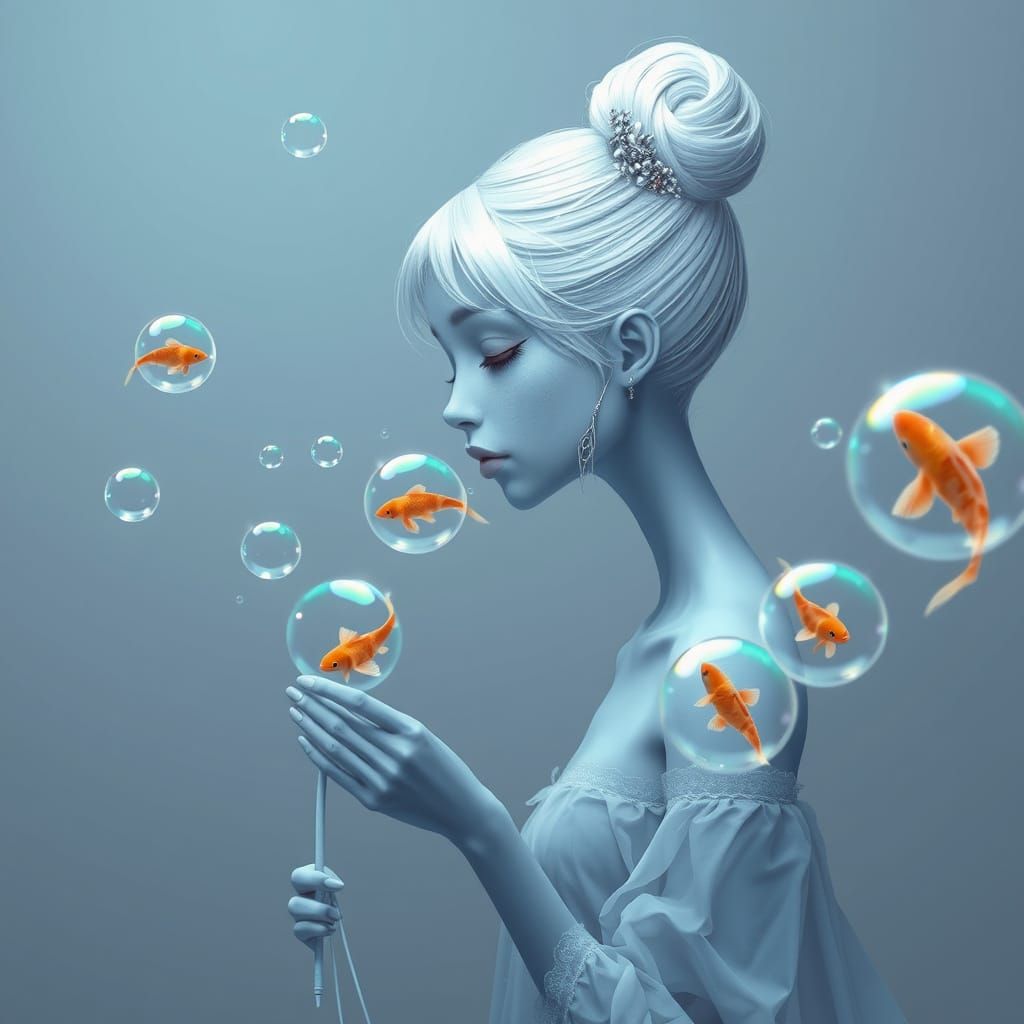 Ethereal Figure Blowing Bubbles with Koi Fish