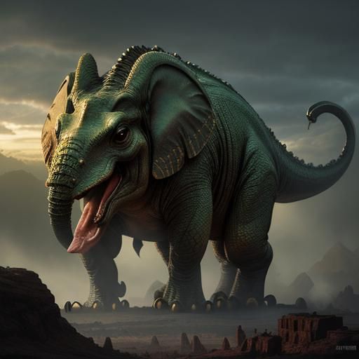 Angry Dinosaur-Frog Hybrid Roaring with Spears