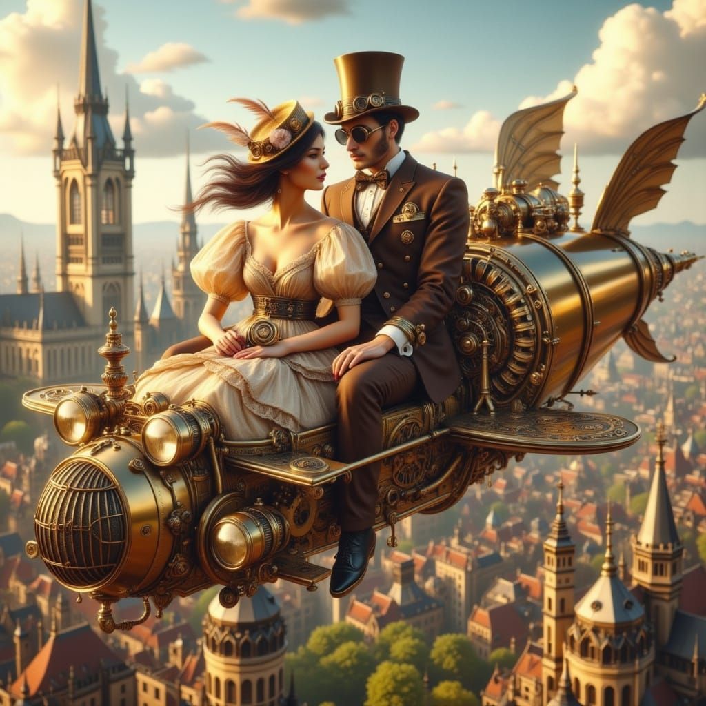 Steampunk Flyers in a Fantastical Cityscape
