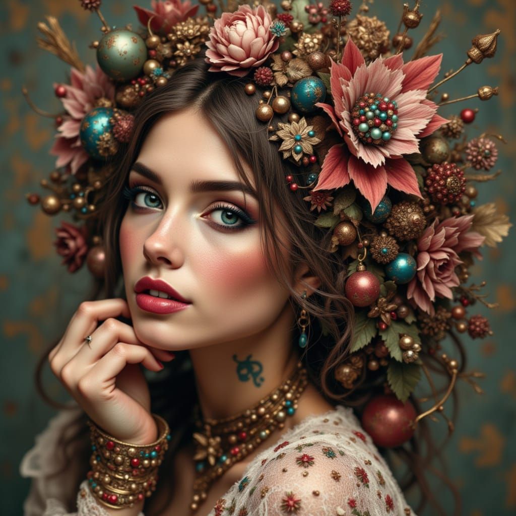 Metallic Hair with Bronze, Copper Petals and Mechanical Inse...