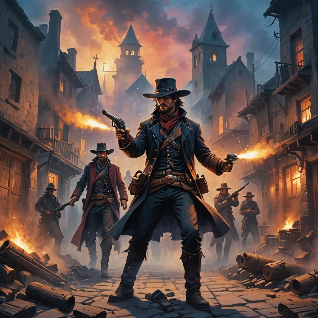 Gunslinger in Misty Town: Dark Fantasy Oil Painting