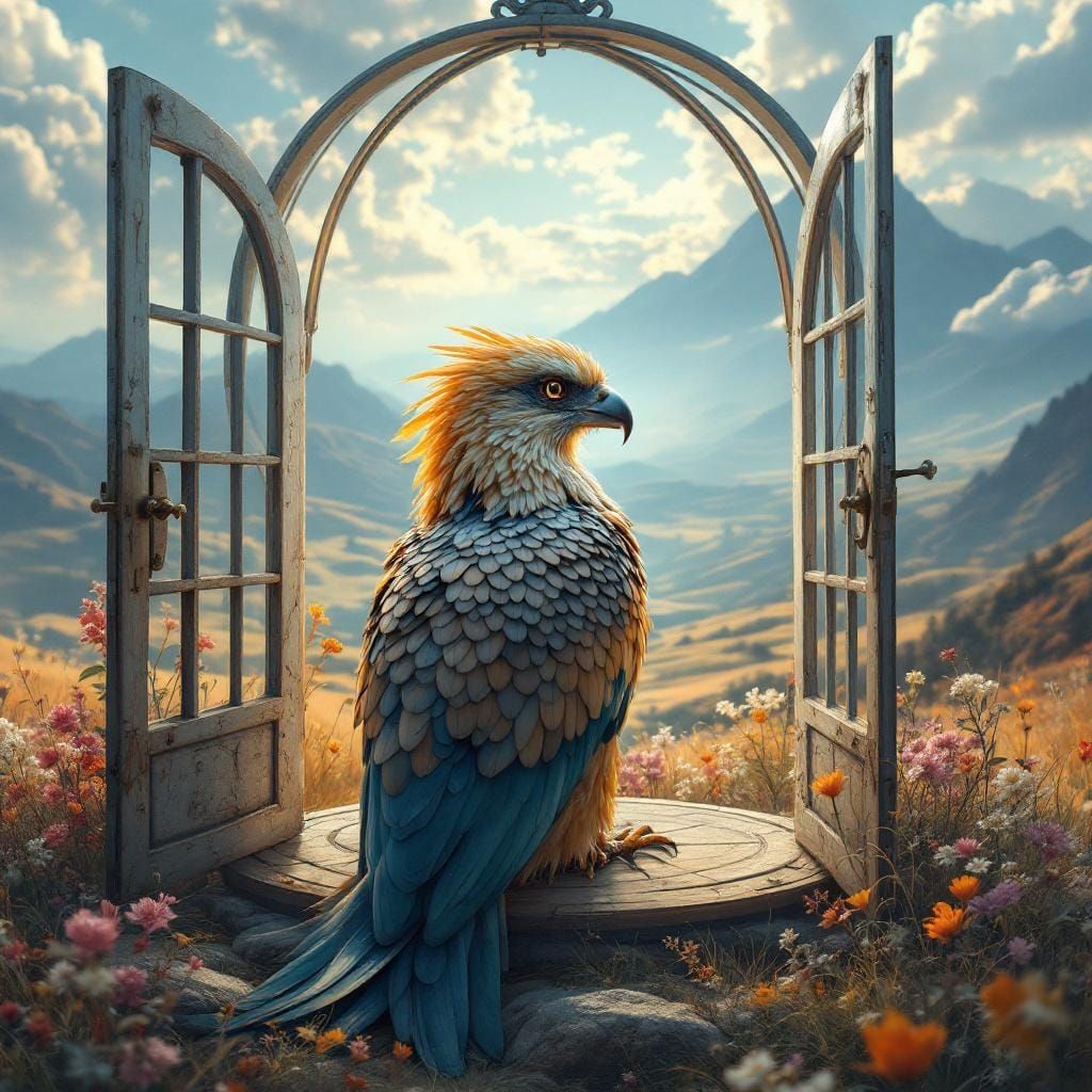 Bird in Open Cage Overlooking Landscape