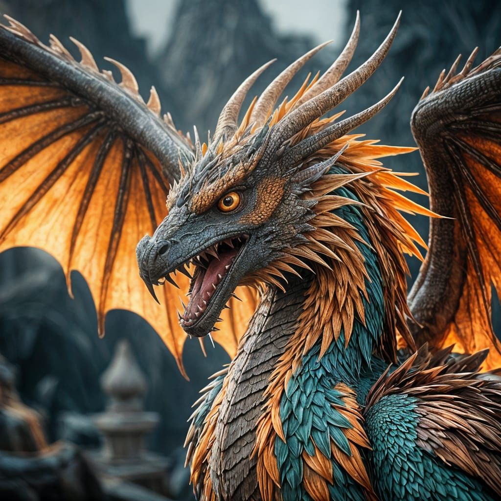 Cyberpunk Dragon Phoenix Hybrid in Hyperrealistic HDR