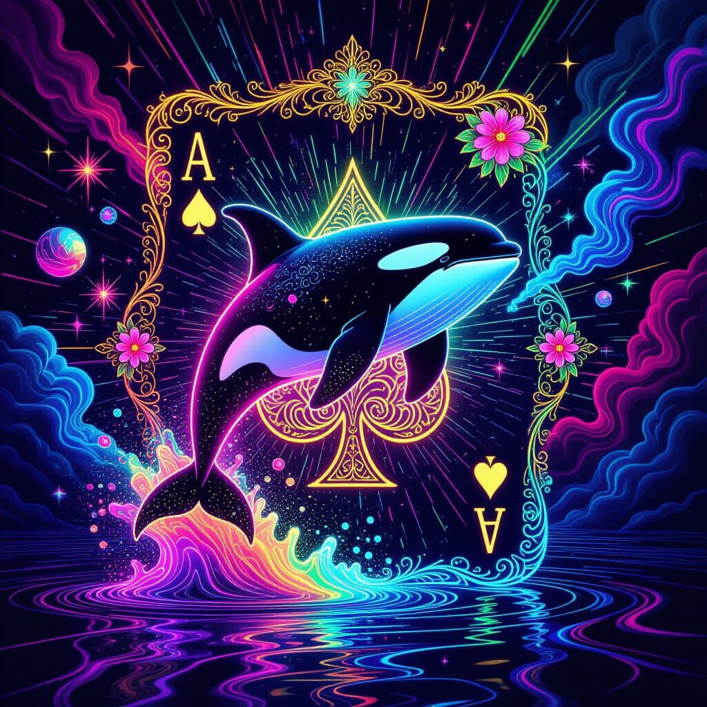 Psychedelic Neon Ace of Spades with Glowing Orca