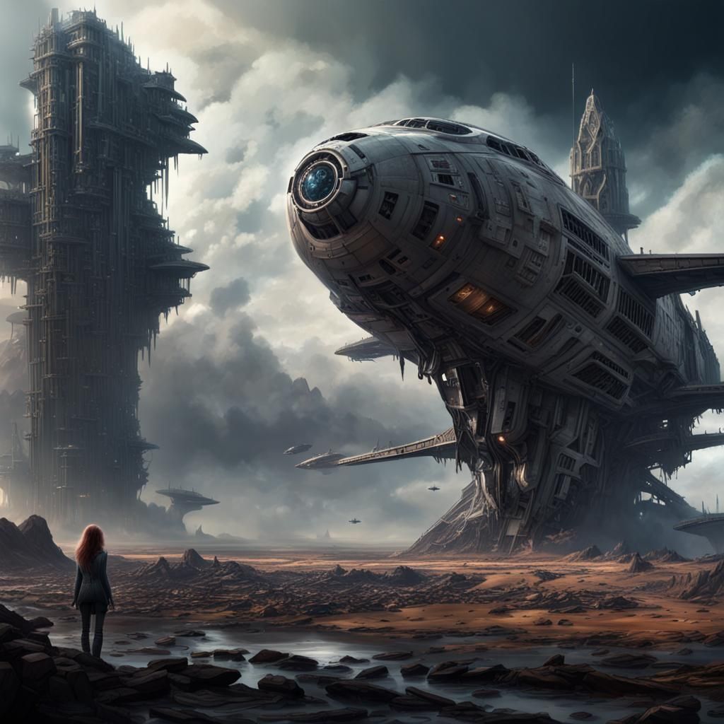 Wrecked Starship: Ruined, Detailed Digital Matte Painting